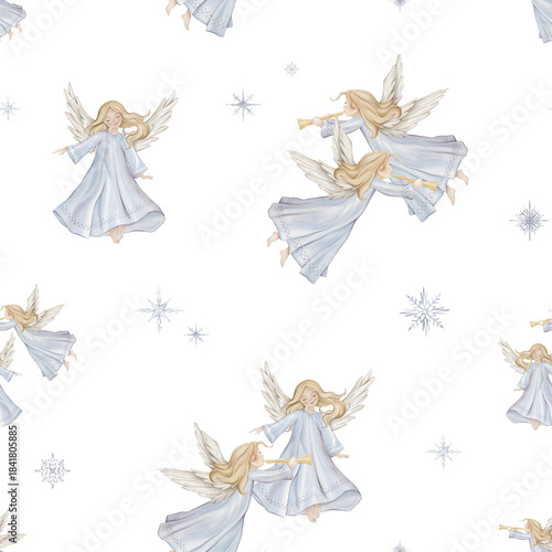Seamless pattern with cute Christmas angel trumpets with light hair and blue dress in minimalist scandinavian style. Hand drawn illustration repeat ornament with snowflakes children's design.