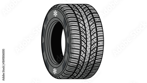 Car tire with snowflake-rated tread in a detailed graphic design on a white background