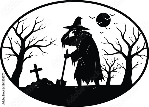 Hooded Archer Silhouette Standing with Crossbow, Dark Fantasy Assassin Character Vector