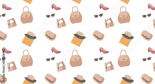 A repeating pattern of women's fashion accessories including shoes, handbags, and hats