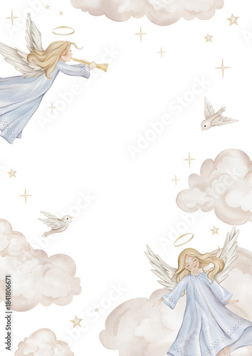 Vertical Banner watercolor illustration with angel with light hair and nimbus. Postcard for Christmas or Christian Nativity for religious baptism. Hand drawn illustration clouds and birds, stars