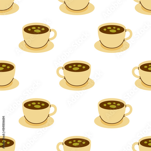 Vector coffee seamless pattern with cups on saucers isolated on white. Morning breakfast hot drink background illustration for cafe, menu, kitchen, packaging, design. Dubai hot chocolate.