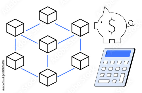 Blockchain data management, decentralized finance, cryptocurrency, cost efficiency, saving concepts, and fintech. Blockchain diagram, piggy bank and calculator. Blockchain and decentralized finance