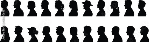 Large diverse collection of male and female profile silhouettes showing various hairstyles and side-view head shapes for creative artwork, vector illustration