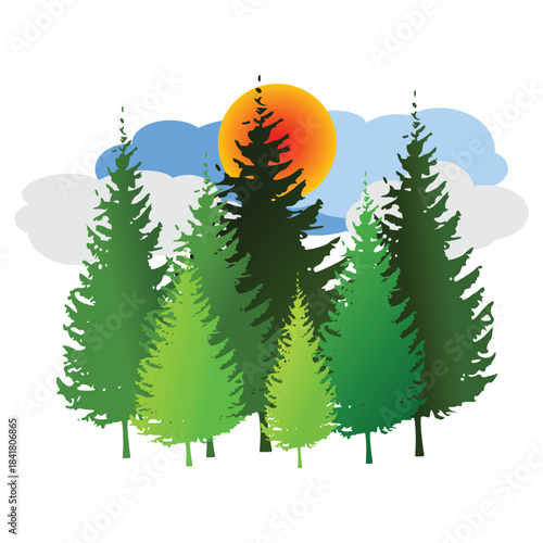 Evergreen Forest with Sun – Stylized Nature Landscape Illustration