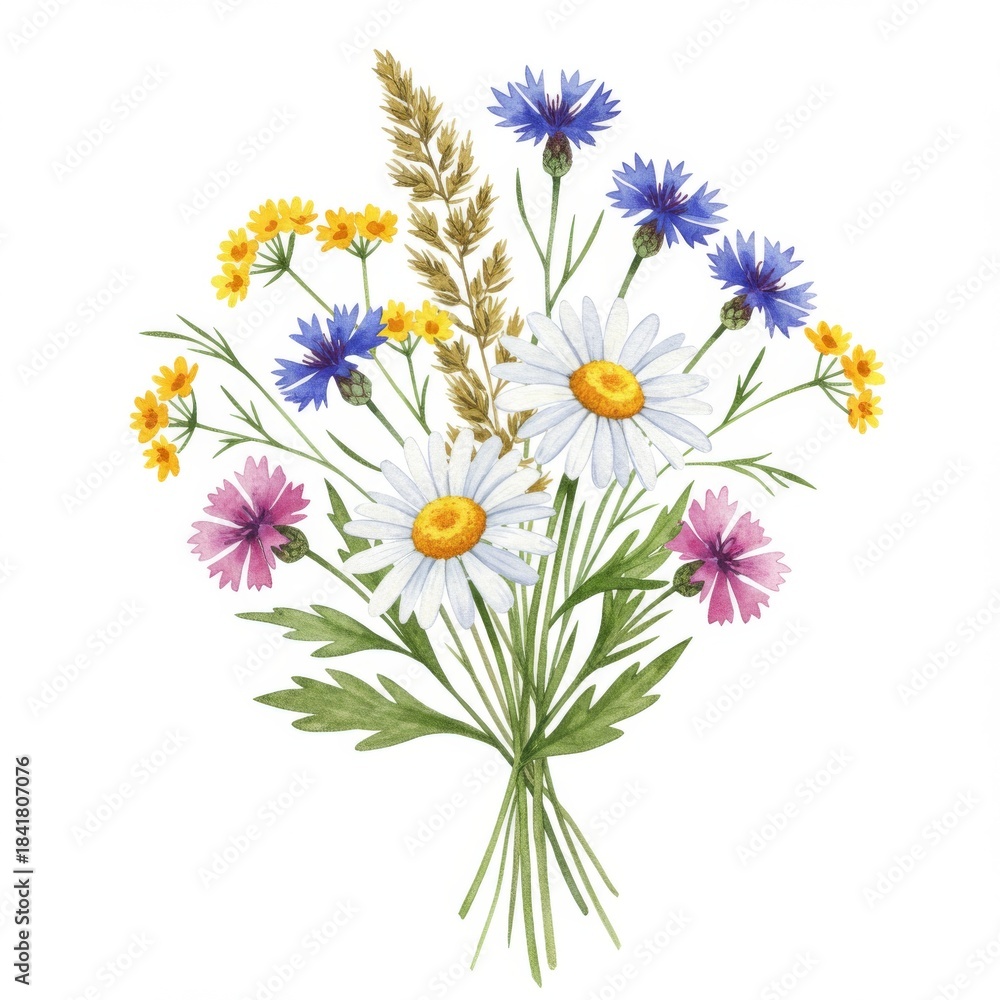 Fototapeta premium Watercolor Bouquet of Wildflowers with Daisies Cornflowers and other Plants