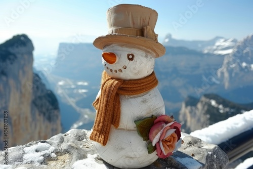 Charming snowman set against a majestic alpine mountain landscape in winter wonderland