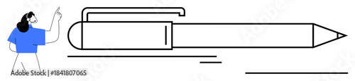 Woman gesturing beside oversized pen design element, emphasizing writing, creativity, and learning. Ideal for education, content creation, communication, idea generation, innovation self-expression