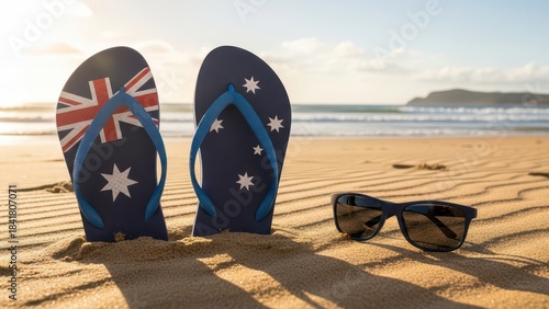 Australian Flag Flip-Flops and Sunglasses on a Sandy Beach
