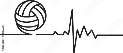Continuous line illustration of a volleyball morphing into a heartbeat line with elegant minimal artistic outline drawing