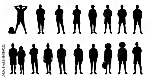 Vector silhouettes men and women, illustration. Silhouettes of young people posing in casual clothes. Transparent SVG version.