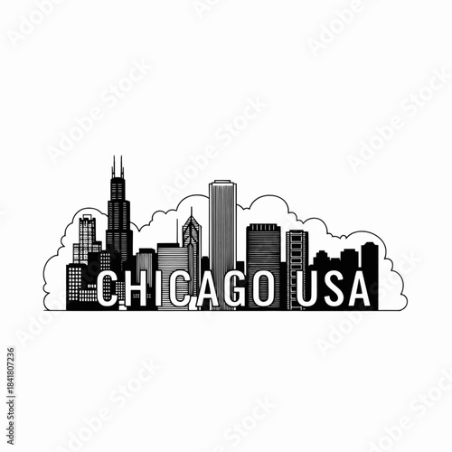 Chicago USA famous buildings skyline drawing