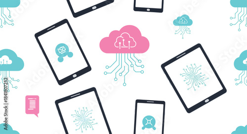 A conceptual illustration of cloud data synchronization across multiple mobile devices