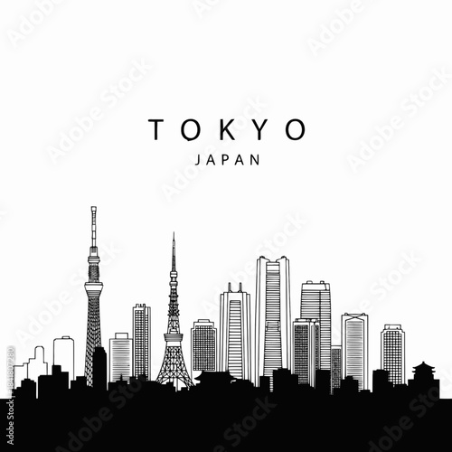 Tokyo Japan Skytree cityscape black and white illustration