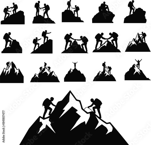 Mountain climbing silhouette illustration set, hiking teamwork poses, summit celebration, black icons, cad drawing flat vector illustration