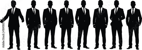 Business suit silhouette illustration, formal standing poses, corporate team icons, black figures, cad drawing flat vector illustration