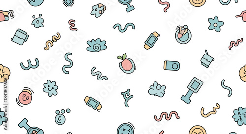 Seamless pattern with a variety of colorful cartoon doodles on a white background