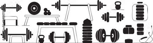 Gym equipment icons set for fitness and workout activities