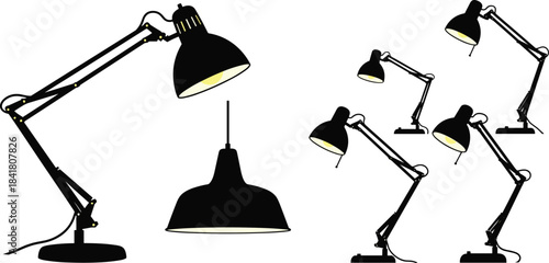 Lamp silhouette illustration, desk and ceiling lights, minimalist lighting design, black icons, cad drawing flat vector illustration