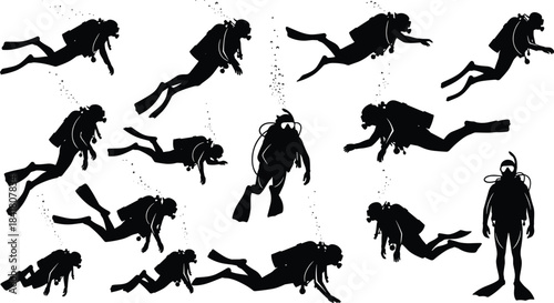 Scuba diver silhouette illustration, underwater swimming poses, gear and bubbles, black icons, cad drawing flat vector illustration