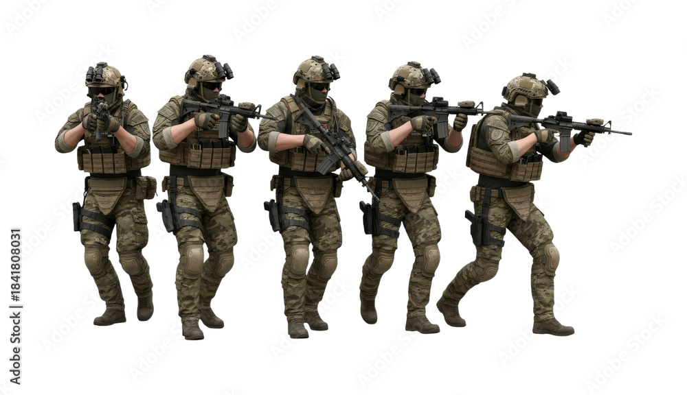 Fototapeta premium Five armed military soldiers wearing tactical gear and camouflage uniforms, moving in formation with rifles ready for combat operations.
