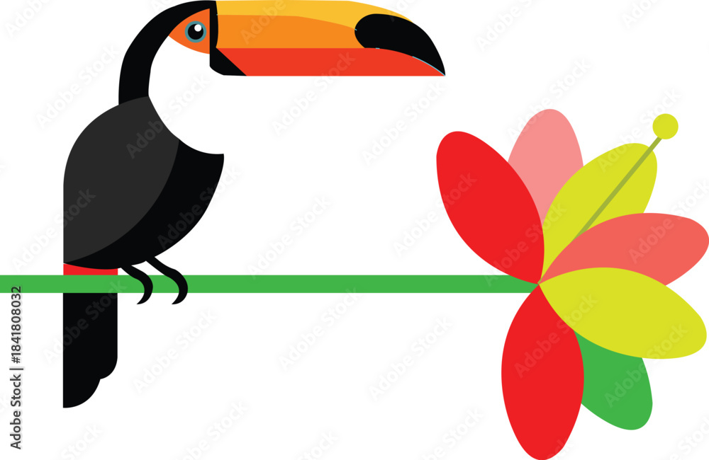 Fototapeta premium Colorful toucan bird perched on a branch with a bright tropical flower illustration