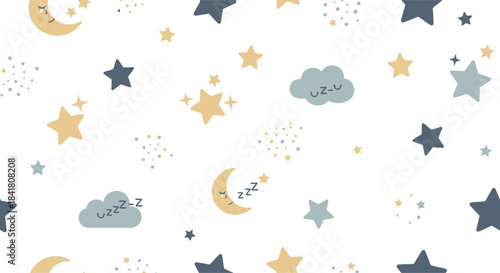 A peaceful celestial pattern featuring sleeping moons and stars for children