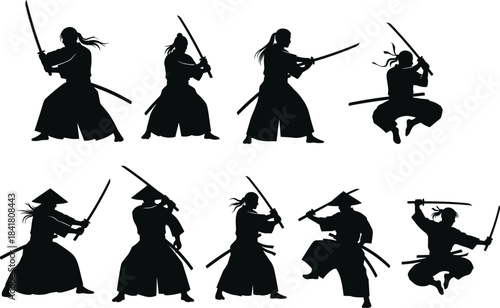 Samurai silhouette illustration, katana poses, warrior action, traditional attire, black icons, vector art, cad drawing flat vector illustration