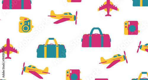 A seamless pattern featuring travel elements like airplanes, duffle bags, and a camera
