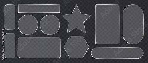 Glassmorphism UI Elements Set. Realistic Transparent Glass Plates and Frames Collection. Modern UI/UX Design Mockup Templates.