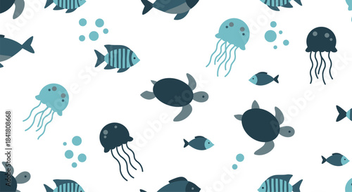 A seamless pattern featuring various sea creatures like turtles, jellyfish, and fish in blue tones