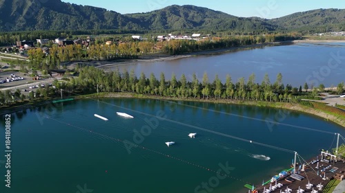Manzherok Hotel in the Altai Mountains, captured from a drone at high altitude