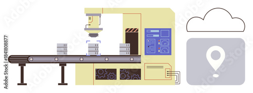Factory conveyor belt with robotic arm inspecting products, connected to cloud for tracking. Ideal for technology, automation, factory processes, AI, productivity, quality innovation. Simple flat