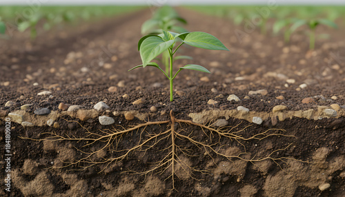 Young plant seedling showing roots in soil cross section