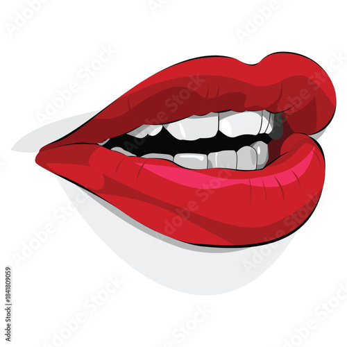 Red Lips Clipart – Glossy Cartoon Mouth with White Teeth & Bold Pop Art Style for Fashion & Beauty Designs