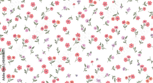 Delicate floral pattern featuring small pink and purple flowers scattered on a white canvas