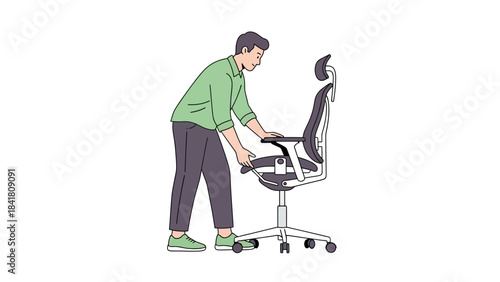 A man adjusting an ergonomic office chair, concept of workplace comfort and design