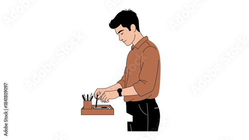 A man carefully selecting a pen from a desk organizer in a creative illustration style