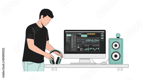 A man sets up his headphones near a speaker and computer for a music editing work