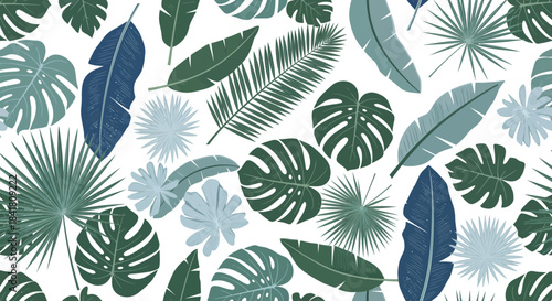 A beautiful and modern seamless pattern featuring various tropical leaves in cool color tones