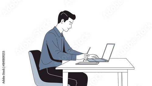 A man working on a laptop at his desk, side-view illustration, white background