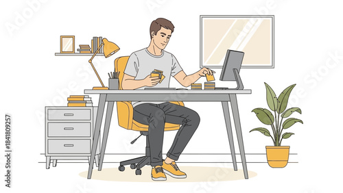 A man working at his desk with cards, computer, and a potted plant in minimalist style