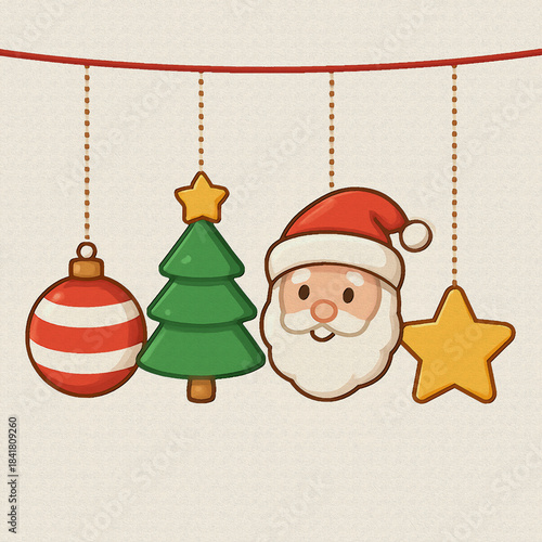 santa claus and christmas tree cute hanging decoration oil painting style illustration