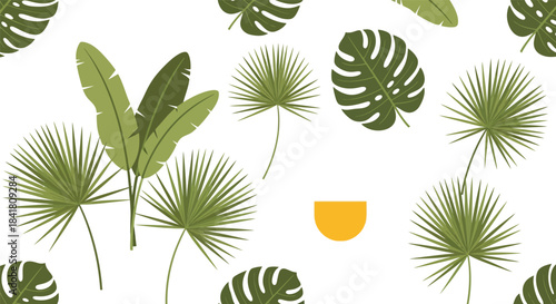 A seamless pattern illustration featuring various types of green tropical foliage on a white background