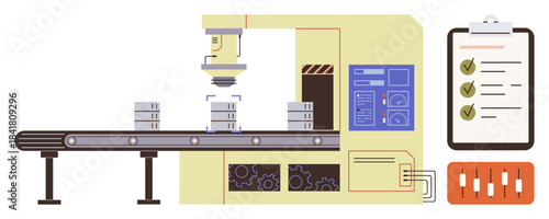 Automated conveyor belt system with robotic equipment, stacked products, control panel, checklist, and settings. Ideal for manufacturing, automation, production, robotics quality control