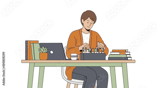 A Person at a Desk Working with Pens and a Laptop, Simple Vector Illustration