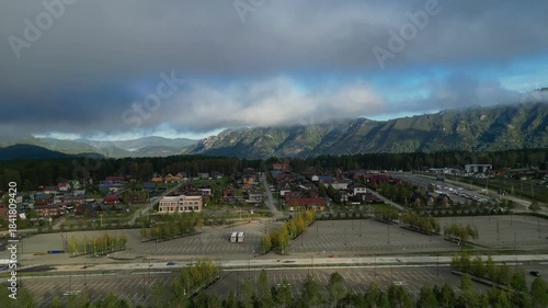 Manzherok Hotel in the Altai Mountains, captured from a drone at high altitude