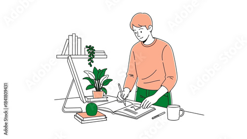 A Person Writing in a Journal at a Desk with Plants and a Simple Interior Setup