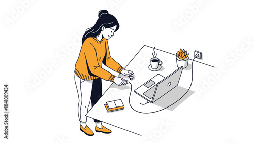 A woman connecting a laptop to an electric outlet, work from home lifestyle concept
