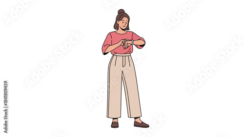 A woman looks at her watch on a white background, checking time illustration